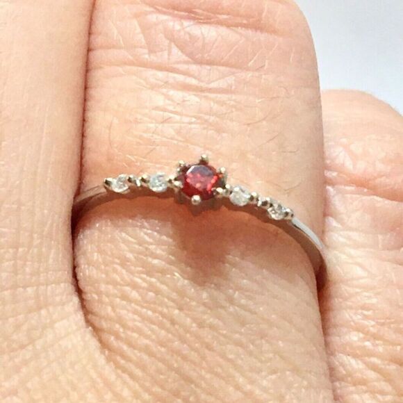 Sterling Silver Ring Size 7.75 925 Thin Band Red Cubic Zirconia CZ Dainty - Flaw - Picture 8 of 15